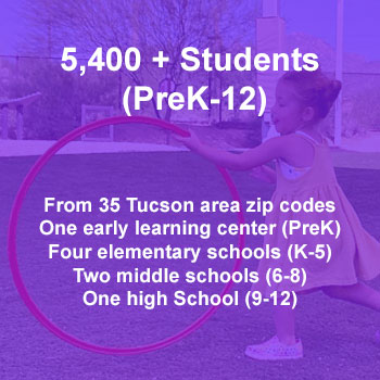 5,400 + Students (PreK-12) From 35 Tucson area zip codes One early learning center (PreK) Four elementary schools (K-5) Two middle schools (6-8) One high School (9-12)