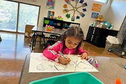 Kindergarten student drawing in classroom