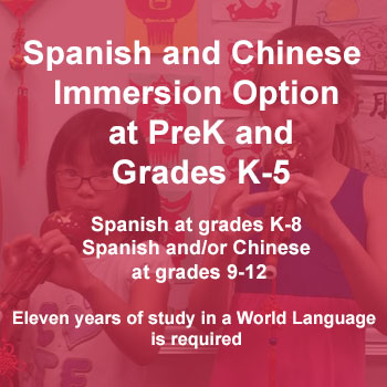 Spanish and Chinese Immersion Option at PreK and Grades K-5 Spanish at grades K-8 Spanish and Chinese at grades 9-12 Eleven years of study in a World Language is required